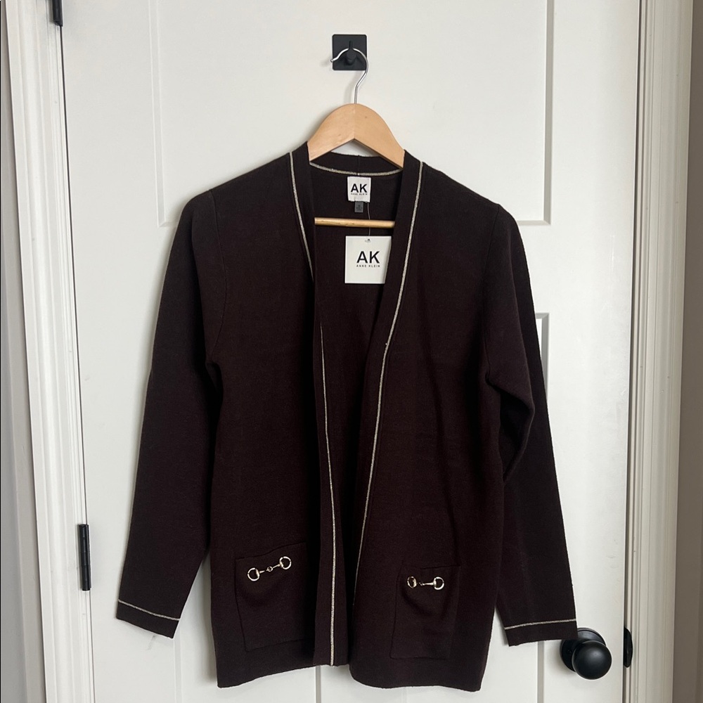 Anne Klein chocolate Brown Cardigan with Gold Accents, medium